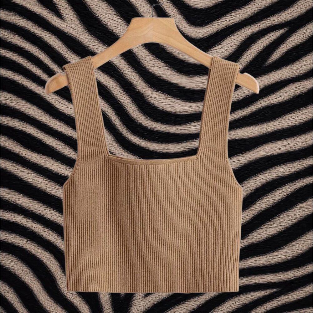 SHEIN Ribbed Square Neck Crop Top in Tan